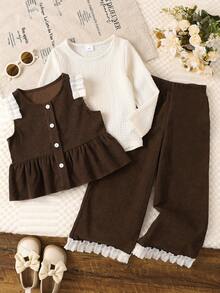 3pcs/Set Young Girls Solid Color Long Sleeve Comfortable T-Shirt, Floral Trim Cardigan Vest And Pants Outfit, Autumn/Winter