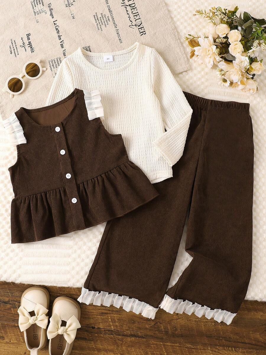 3pcs/Set Young Girls Solid Color Long Sleeve Comfortable T-Shirt, Floral Trim Cardigan Vest And Pants Outfit, Autumn/Winter