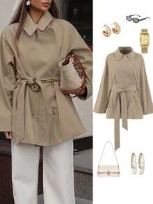 Women's New Design Casual Elegant Trench Coat, Mid-Length Jacket With Tie Waist, Long Sleeve, Vintage Thin Outerwear For Commuting, Autumn/Winter