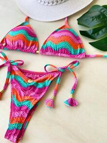 Ripple Triangle Bikini With Removable Padded Cups And Crochet In Pink - 彩色 - 查看 2