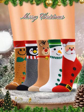5 pares de calcetines de tubo medio de Navidad con diseños de Papá Noel, renos y muñecos de nieve de dibujos animados lindos de fibra de poliéster (poliéster) para otoño e invierno, regalos de Navidad, 10 piezas/6 piezas/2 piezas