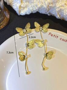 1 Pair Women's Gold Butterfly Rhinestone Earrings, Fashionable And Suitable For Daily Wear