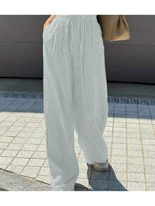 Wide Leg Striped Elastic Palazzo Pants With Pockets - Grey - View 5