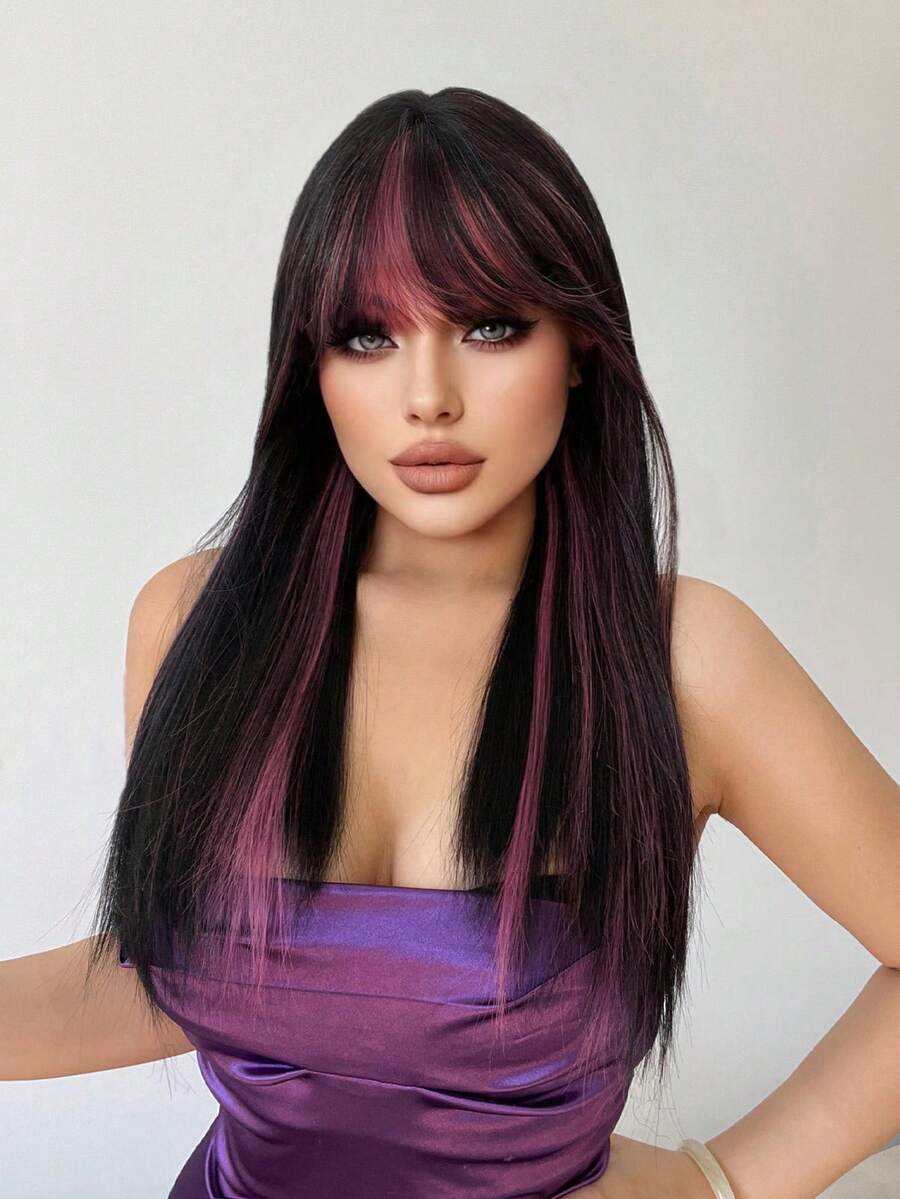 1 perucă sintetică rezistentă la căldură cu breton, perucă lungă și dreaptă multicoloră, 6,7 metri lungime, din fibră, potrivită pentru utilizare zilnică, perucă cu simulare naturală