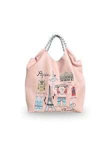 1pc Fashion Versatile Leather Embroidered Architecture Pattern Foldable Large Capacity Tote Bag, Adjustable Shoulder Strap For Daily Commute & Shopping