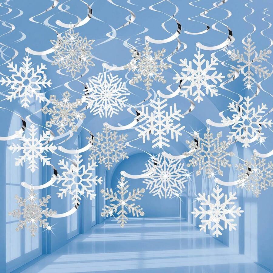Winter Snowflake Hanging Swirl Decorations, White Silver Christmas Glitter Snowflake Hanging Swirls Ornaments Ceiling Streamers For Xmas Winter Wonderland Frozen New Year Birthday Party Supplies - Multicolor - View 1