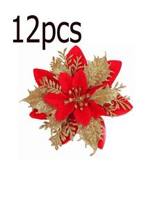 Fleur de Noël artificielle décorative rouge, scintillante, ornement pour sapin de Noël, décoration de couronne de fête d'hiver (or profond), convient pour la décoration de fête de Noël