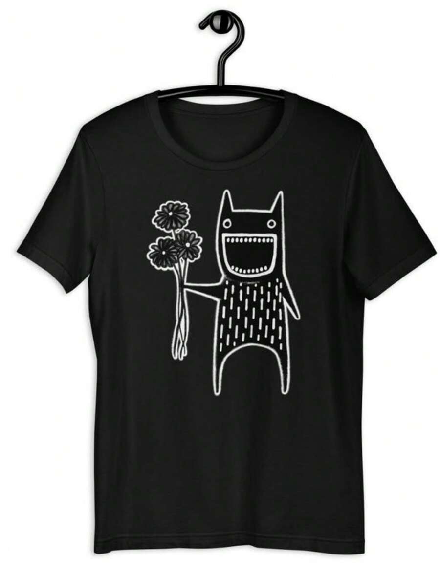 STRAIGHT CUT T-SHIRT Flower Monster Shirt Folk Art Plant Birthday Housewarming Gifts Goth Creepy Cute Funny Garden Houseplants Daisy Bouquet - 黑色 - 查看 1