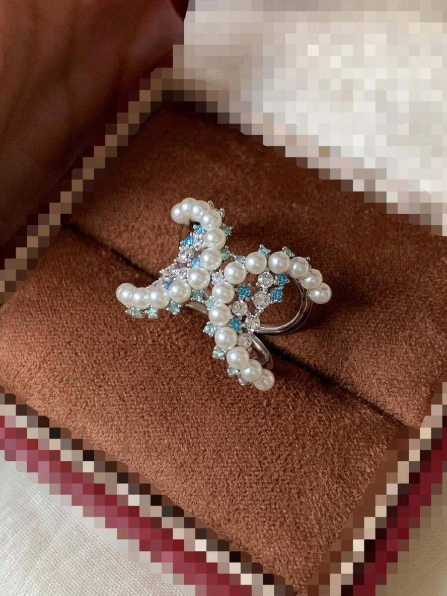 1 chiếc nhẫn ngọc trai pha lê Aquamarine cao cấp kiểu Pháp cổ điển, thiết kế chữ C kép độc đáo, tinh tế, phù hợp cho phụ nữ đeo hàng ngày, dự lễ hội, tiệc tùng, làm quà tặng cho bạn gái/vợ. - Bạc - Xem 1