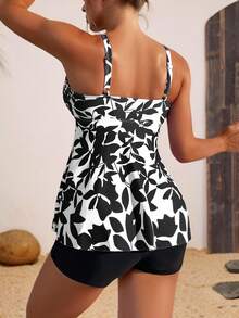 Top De Tirantes Y Bikini Con Estampado Tropical Para Mujer, Conjunto Trajes De Baño Mujer De Con Estampado Tropical,Y Pantalones Cortos,Traje De Baño De 2 Piezas - Negro - Ver 3