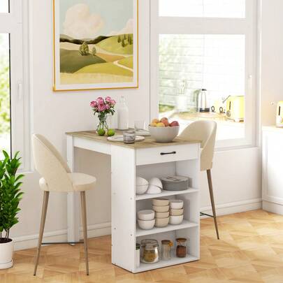 HOMCOM Bar Table With Storage, High Pub Table With Drawer And 3 Shelves, Counter Height Table For Home Bar, Kitchen, Grey Wood Effect