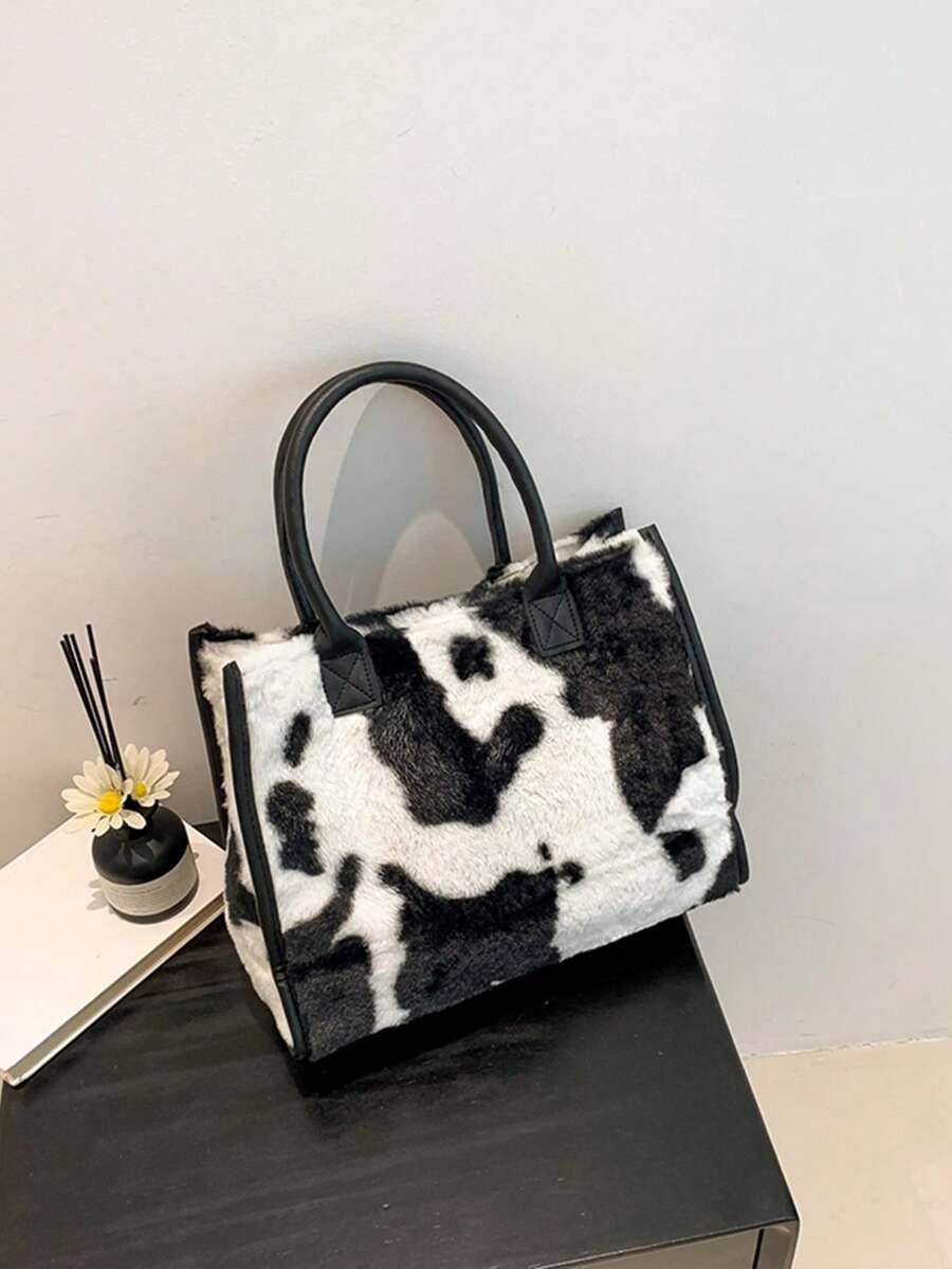 Yogodlns Einfaches Design Kuh Muster Frauen Weiche Plüsch Umhängetaschen Winter Fellbesatz Damen Geldbörsen Handtaschen Mode Weibliche Shopper Taschen - Schwarz und Weiss - Übersicht 1