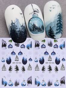 2PCS Winter Nail Art Sticker 3D Snowy Scenery Tree Snowflakes DIY Crystal Pendant Decals Landscape Self Adhesive Nail Art Design Decoration DIY Manicure Nail Supplies For Fall Winter Holiday Nails