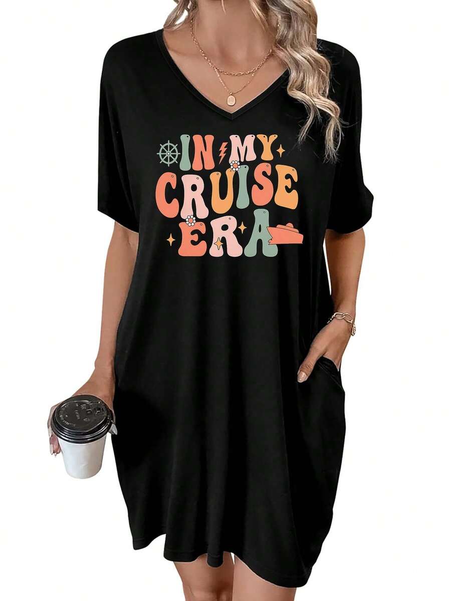 In My Cruise Era With Nautical And Floral Elements Summer Dresses For Women Casual Sundress Beach Pocket Loose Plus - màu đen - Xem 1