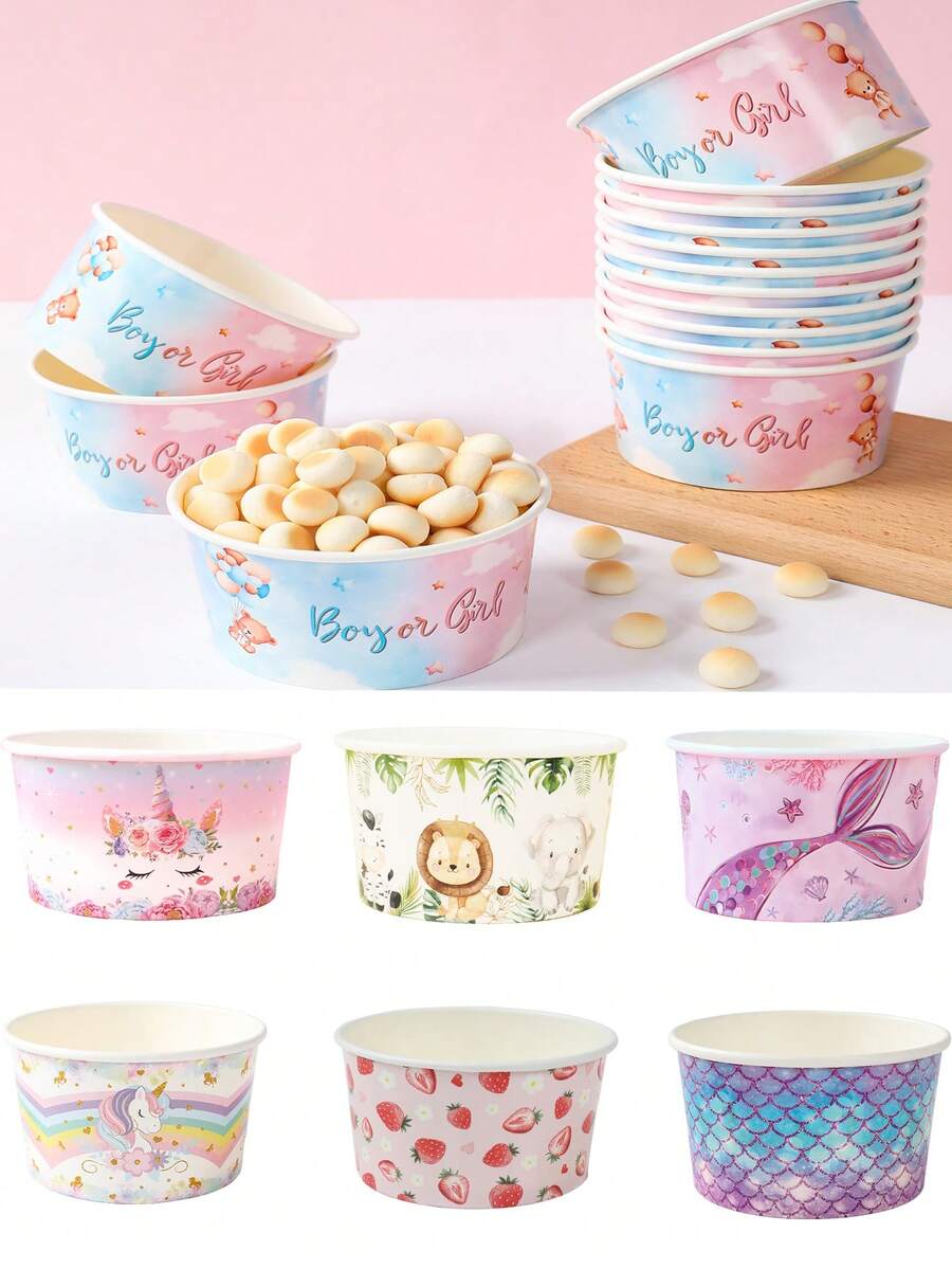 10Pcs 8oz Disposable Paper Bowl,Ice Cream Cups With Jungle Animals,Strawberries,Mermaids,Unicorns Design,Popcorn Box,Birthday Party Tableware,Picnic Party Supplies,Under The Sea Party Decor,Jungle Theme Birthday Party Decoration,Gender Reveal Party Decor,Baby Shower Decorations,1st Birthday Party Decorations - 彩色 - 查看 1