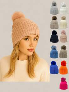 Women's Warm Fluffy Winter Hat, Fashion Wool Knitted Pom Pom Beanie, Warm And Versatile, 1 Piece, Cute. Women's Fluffy Pom Pom Knitted Hat, Perfect For Winter And Autumn. - Pink - View 1