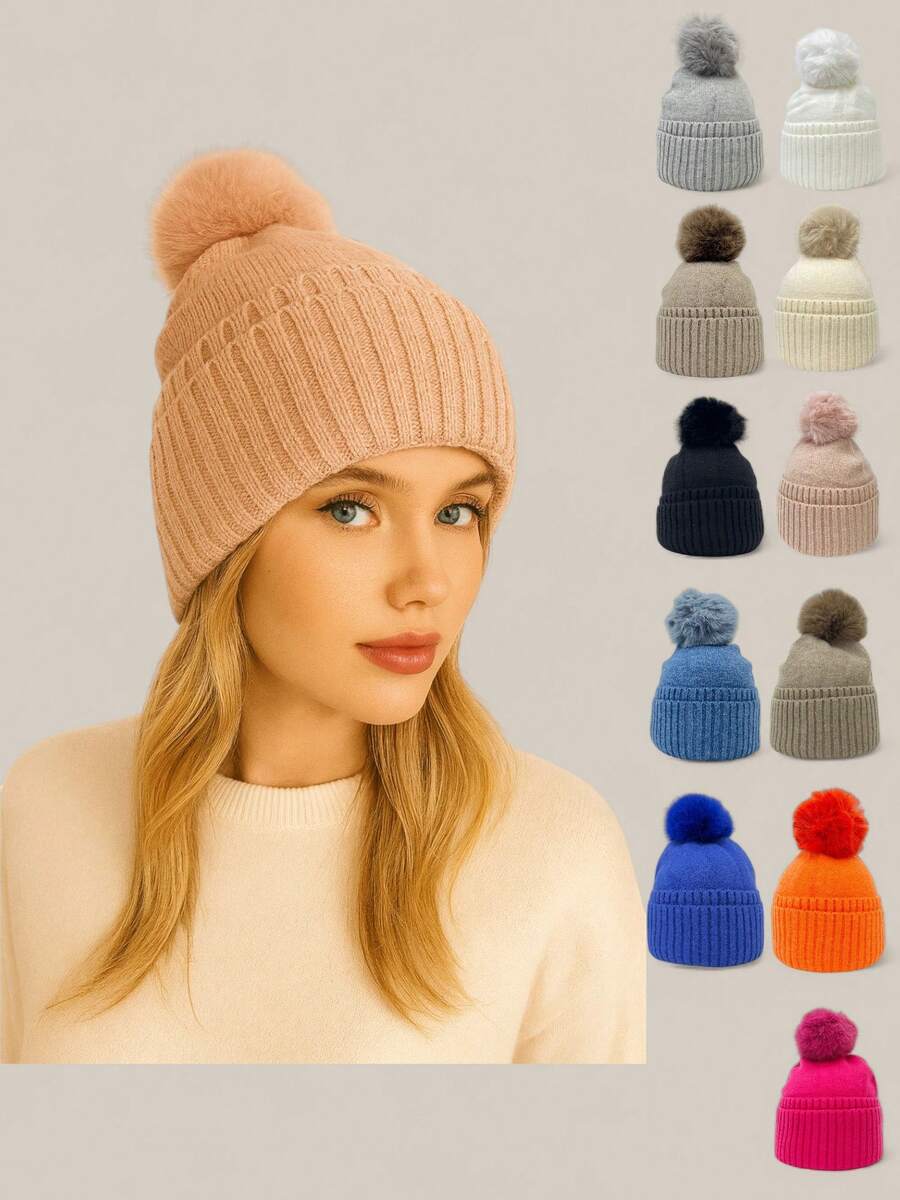 Women's Warm Fluffy Winter Hat, Fashion Wool Knitted Pom Pom Beanie, Warm And Versatile, 1 Piece, Cute. Women's Fluffy Pom Pom Knitted Hat, Perfect For Winter And Autumn. - Pink - View 1