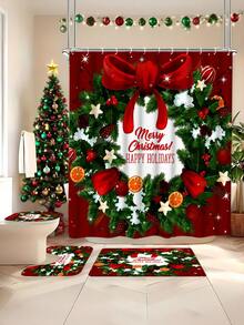 1/3/4 Stücke Weihnachts Duschvorhang Set, Weihnachts Schleife und Geschenk Muster bedruckter Badezimmer Fenster Duschvorhang Set, Badezimmer Set beinhaltet rutschfeste Badematte, U-förmige Toilettenvorleger, Toilettendeckel Abdeckung und Duschvorhang Zubehör, geeignet für Badezimmer Dekoration, Heimdekoration und Duschdekor, Feiertags Geschenk, Feiertags Dekoration, Weihnachtsdekoration