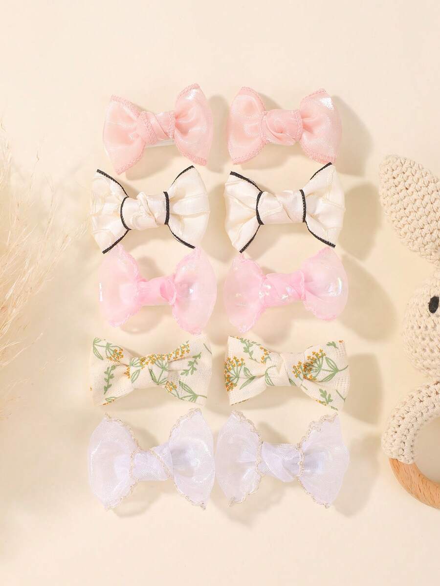10pcs Solid Color Printed Bow Hair Clips Set, Versatile Baby Hair Accessories For All Seasons