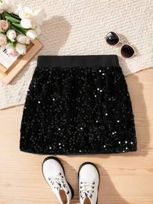 Tween Girls' Fashionable Sequin Mini Skirt, Suitable For Parties And Gatherings (Y0847)