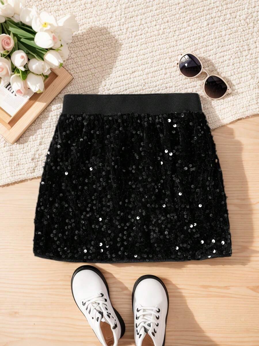 Tween Girls' Fashionable Sequin Mini Skirt, Suitable For Parties And Gatherings (Y0847)