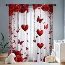 2pcs Valentine's Day Red Rose & Heart Butterfly Print Curtains - Modern Polyester Fabric, Semi-Blackout, Rod Pocket Design, Suitable For Living Room, Bedroom, Kitchen, Office Or Holiday Apartment (Rod Not Included) - Multicolor - View 10