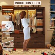 Farmhouse 3/4 Doors Armoire Wardrobe Closet W/Folding Sliding Barn Door And Lights, LED Armoire Closet W/Drawers For Bedroom, Freestanding Wooden Wardrobe Storage Closets W/Hanging Rod - 棕色 - 查看 4