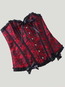 Corset, Classic Corset, Black And Red Contrast, With Bow, Front Buttons, Suitable For Wedding And Evening Dress, Women's Corset, Tummy Control, Waist Control, Suitable For Dating, Shopping, Halloween Party, Women's Corset Top. - màu đen - Xem 6