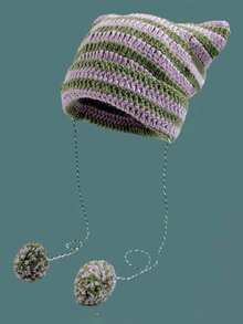 1 pieza Gorro de punto con orejas de gato a rayas blancas y negras, cálido para mujeres en otoño/invierno, estilo Y2K