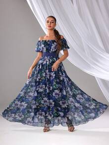 Women's Random Floral Print Dress, Minimalist Daily Wear, Off Shoulder Short Sleeve Maxi Dress With Waist Drawstring Detail, Elegant & Soft Suitable For Vacation, Daily Occasions, Summer - Blue - View 9