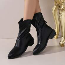 Vintage Elegant Sweet & Cool Black And White Pointed Toe Mid-Calf Boots For Women, High-Quality Soft Leather, Minimalist Design, Versatile For Daily Wear, Dates, Commuting, Parties, Suitable For Autumn/Winter Outfits Like Coats And Dresses, Perfect For Valentine's Day, Christmas, Halloween, Graduation Season, Fashionable Women Shoes In Black And White