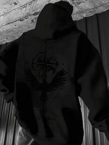 Sudadera con capucha casual y elegante para hombres, forrada de forro polar, con estampado gráfico de brújula y pájaro, sudadera negra con bolsillos, perfecta para la comodidad de invierno, esencial para el invierno |   Sudadera con capucha casual y elegante |   Sudadera de Tela Suave - Negro - Ver 1
