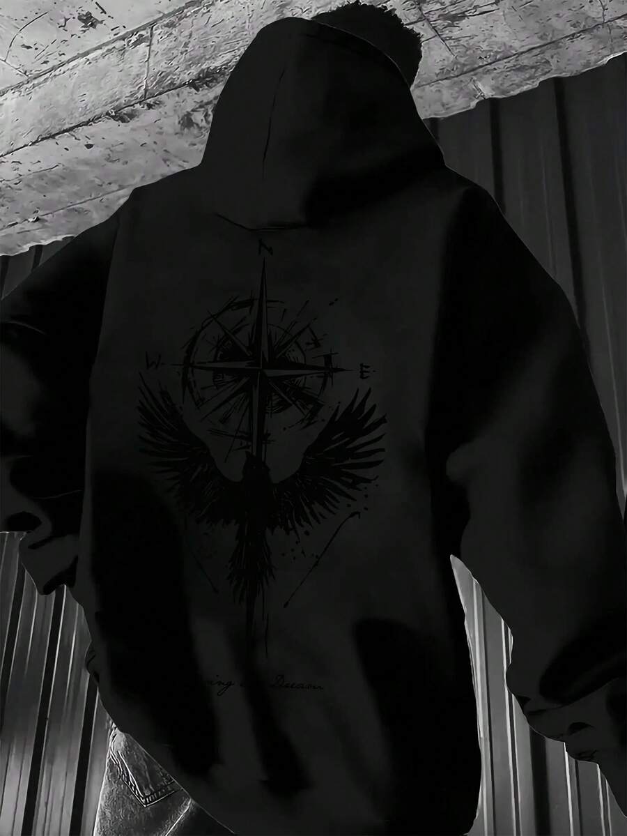 Sudadera con capucha casual y elegante para hombres, forrada de forro polar, con estampado gráfico de brújula y pájaro, sudadera negra con bolsillos, perfecta para la comodidad de invierno, esencial para el invierno | Sudadera con capucha casual y elegante | Sudadera de Tela Suave - Negro - Ver 1