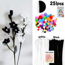 【251件/套】超值套装，包含100根毛根、150个毛球（附赠1个教程视频，可用于制作各种花朵）、150个彩色混合毛球（尺寸0.8-2.5厘米）、多色拼接加密毛根（带贴纸）、30厘米彩色毛根手工材料，以及适合开学季的彩色毛根。 - 黃綠 - 查看 6