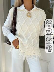Fall Winter Women's Argyle Sweater Vest, Cozy Knitted Sleeveless Pullover V-Neck Top, Vintage V-Neck Slimming Distressed Fringe Detail Vest, Preppy, Chic Sweater Vest For Women - Multicolor - View 5