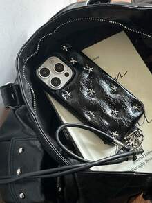 Étui de téléphone  noir premium 3D avec étoile argentée compatible avec l'iPhone 16 Pro Max, l'iPhone 15 nouvelle version 16 Pro avec dragonne, design minimaliste pour l'iPhone 14 Pro Max, l'iPhone 13, couverture complète