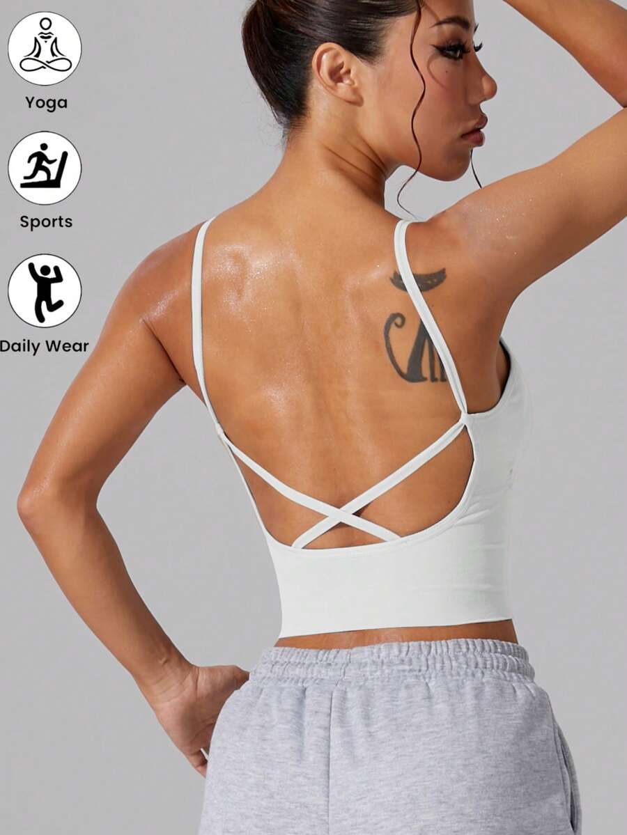 1pc Women's Adjustable Criss-Cross Back Tight-Fitting Cropped Racerback Sports Bra Camisole Top - White - View 1