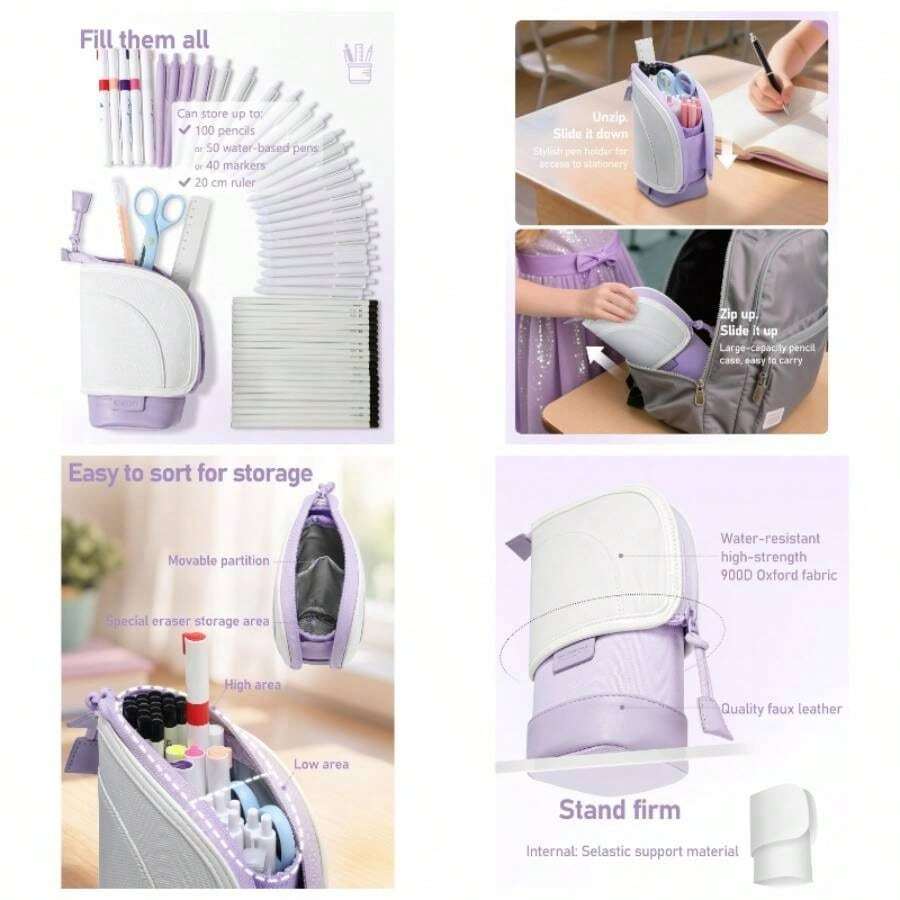 2 In 1 Standing Pencil Telescopic Pen Holder Stationery Pouch Organizer Box Large Storage Bag School Students Office Women Teens Girls Boys Purple Ash White