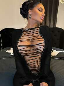 Sexy Reversible Wrap Bodycon Mini Dress - Double Sided Lace Up Front & Back Short Dress - Negro - Ver 3