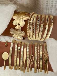 8/12pcs Fashion Metal Textured Heart Shape Bangle Bracelet Set, Boho Adjustable Layered Wristband, Suitable For Daily & Party Wear, Ideal Gift For Friends & Family - Gold - View 2