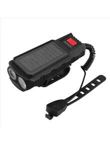 Farol Solar De Bicicleta Led Recarregável Buzina Luz De Bike Usb - Preto - Visão 2