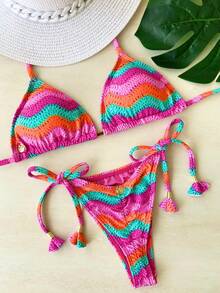 Ripple Triangle Bikini With Removable Padded Cups And Crochet In Pink - 彩色 - 查看 4
