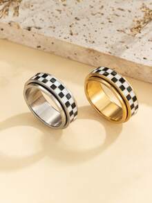 Stainless Steel Black & White Chessboard Pattern Ring, Non-Fading Square Checkerboard Design Couple Rings - 2PCS Women's Personalized Rings - View 8