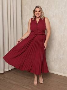 ANLE MODAS Women's Set Pleated Skirt With Elegant Vest Luis Twill Plus Size - 酒紅色 - 查看 8