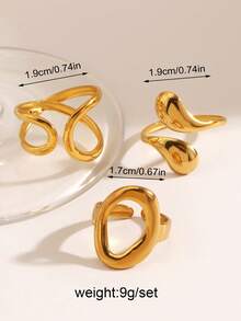 3pcs Stainless Steel Minimalist Geometric Oval & Water Drop Open Rings, Suitable For Women's Daily & Party Wear - Multicolor - View 4