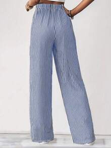 Wide Leg Striped Elastic Palazzo Pants With Pockets - 深色水洗藍 - 查看 3