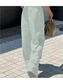 Wide Leg Striped Elastic Palazzo Pants With Pockets - Grey - View 3