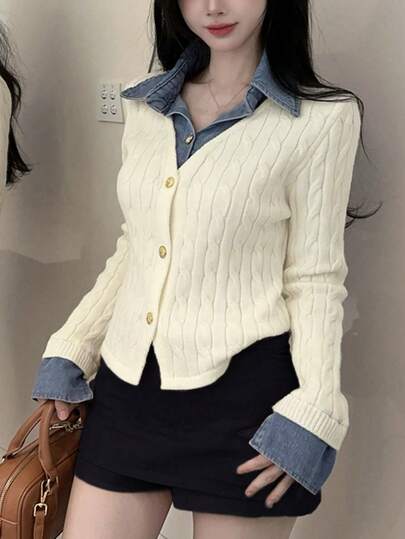 拼接牛仔二合一甜美单排扣针织衫，适合春秋季
