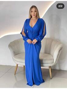 Long Sleeve Dress With Fluity Slit And V-Neckline - 藍色 - 查看 2