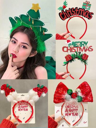 全新 1 件女士节日圣诞节卡通头带头带 - 可爱的红白条纹圣诞帽、节日派对配饰、圣诞装饰、圣诞风格头带，带有可爱女孩圣诞闪光鹿角铃铛蘑菇松毛绒耳朵头带，适用于节日派对装饰、圣诞节、圣诞装饰、圣诞派对礼品、奇怪的东西、头饰、日常派对用品